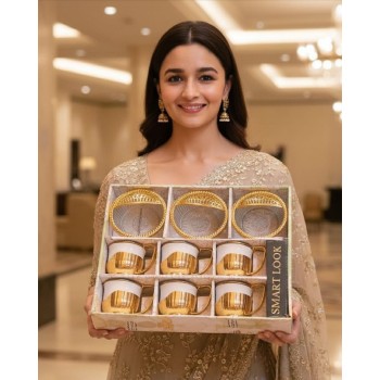 Smart Look Luxury 6Pc.Cup & 3 Pc Glass bowl With Golden Lids ( 6+3 = 9 )